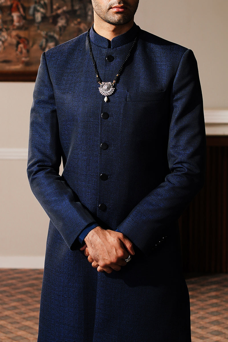 Navy Blue Jacquard Achkan Sherwani (2-Piece) - Image 1