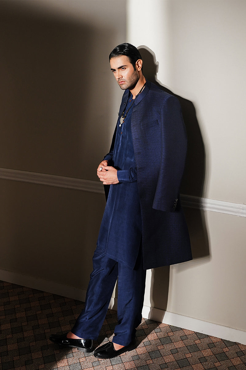Navy Blue Jacquard Achkan Sherwani (2-Piece) - Image 6