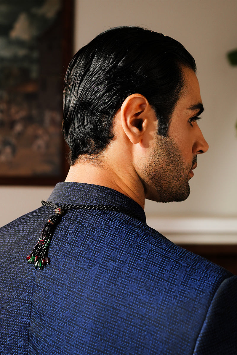 Navy Blue Jacquard Achkan Sherwani (2-Piece) - Image 7