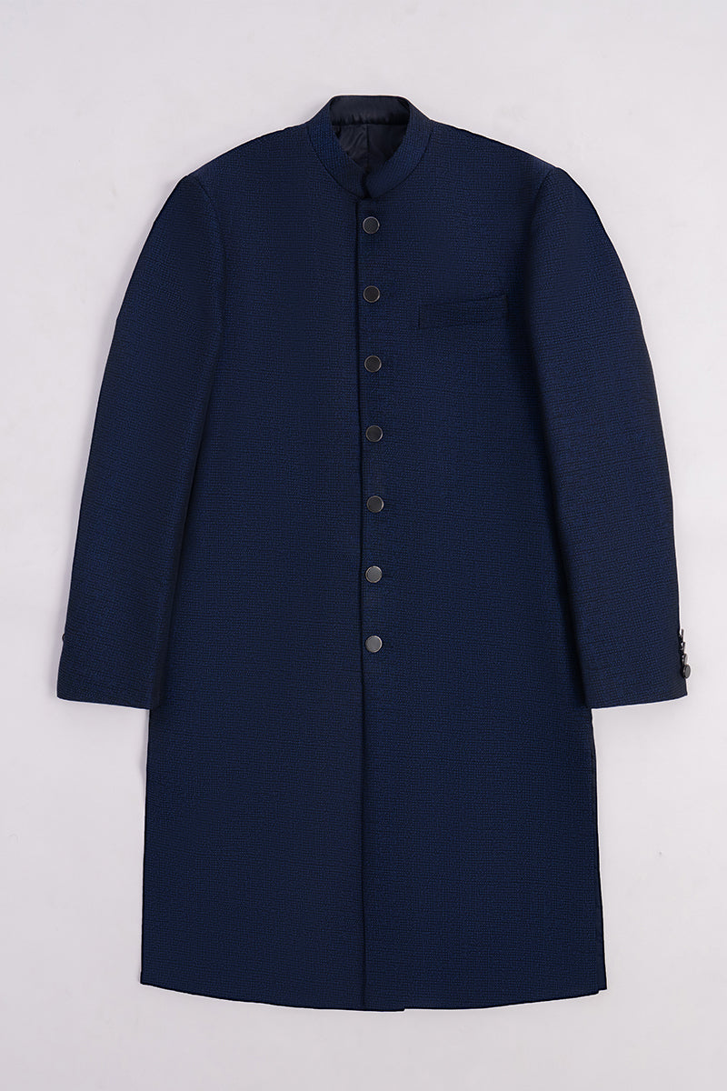 Navy Blue Jacquard Achkan Sherwani (2-Piece) - Image 9