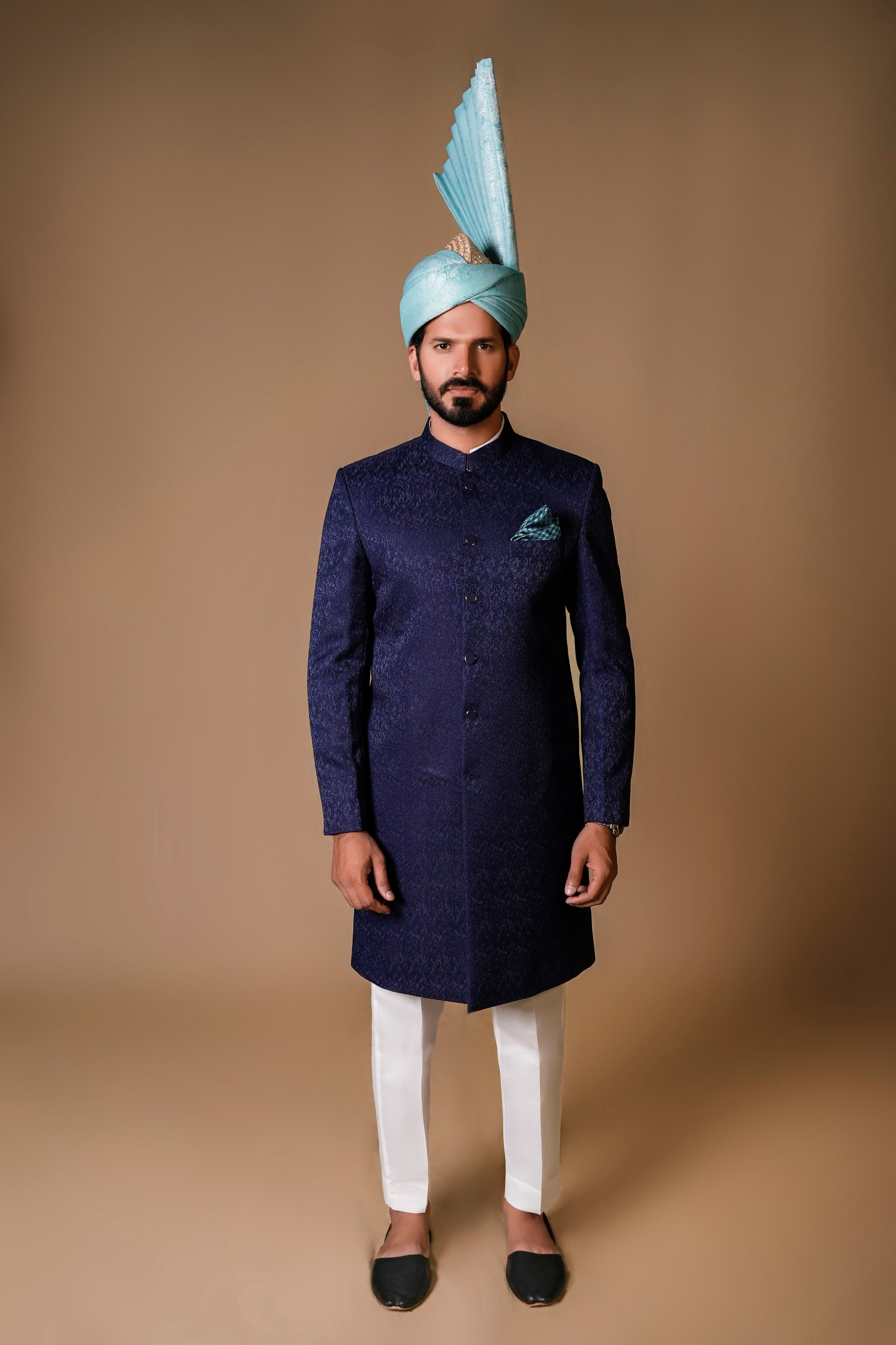 Navy Blue Jacquard Achkan Sherwani (2-Piece) - Image 1