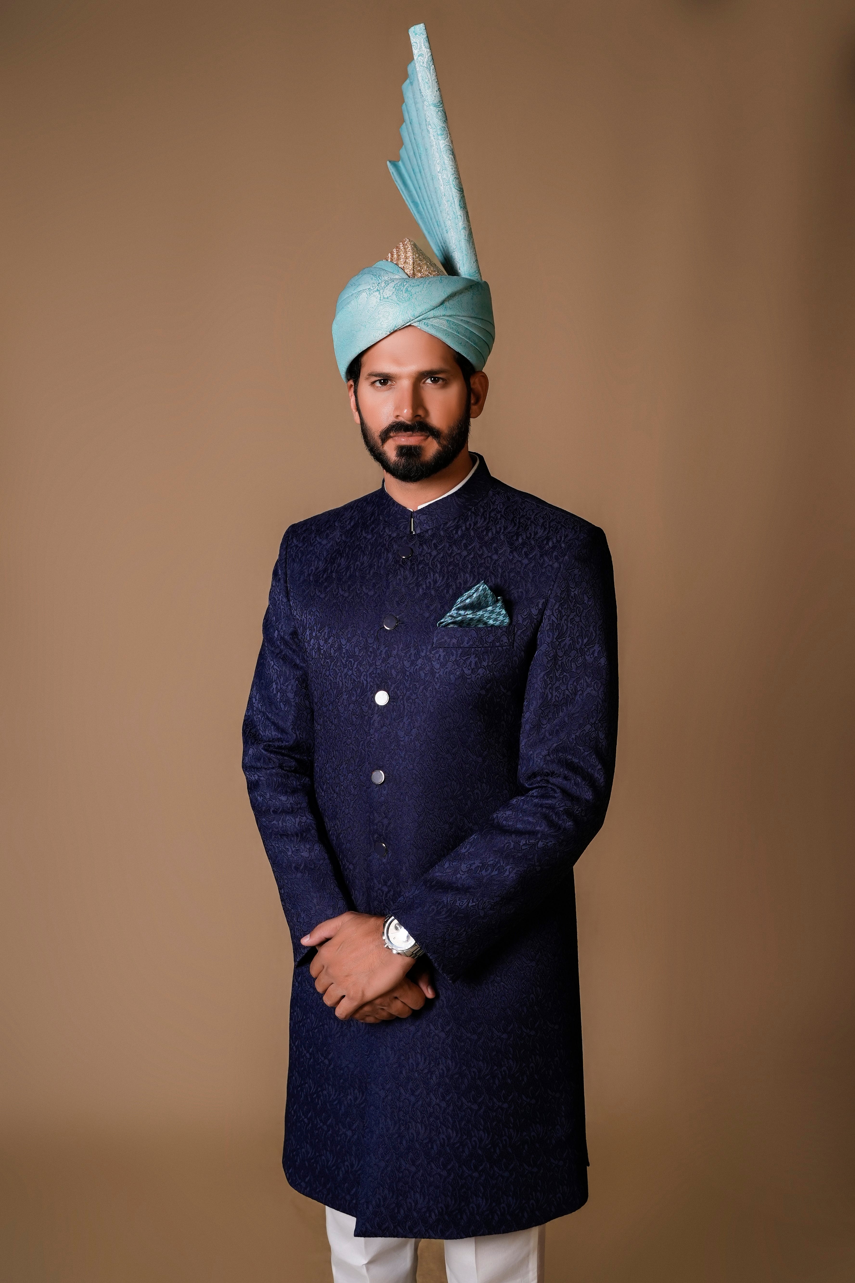 Navy Blue Jacquard Achkan Sherwani (2-Piece) - Image 2