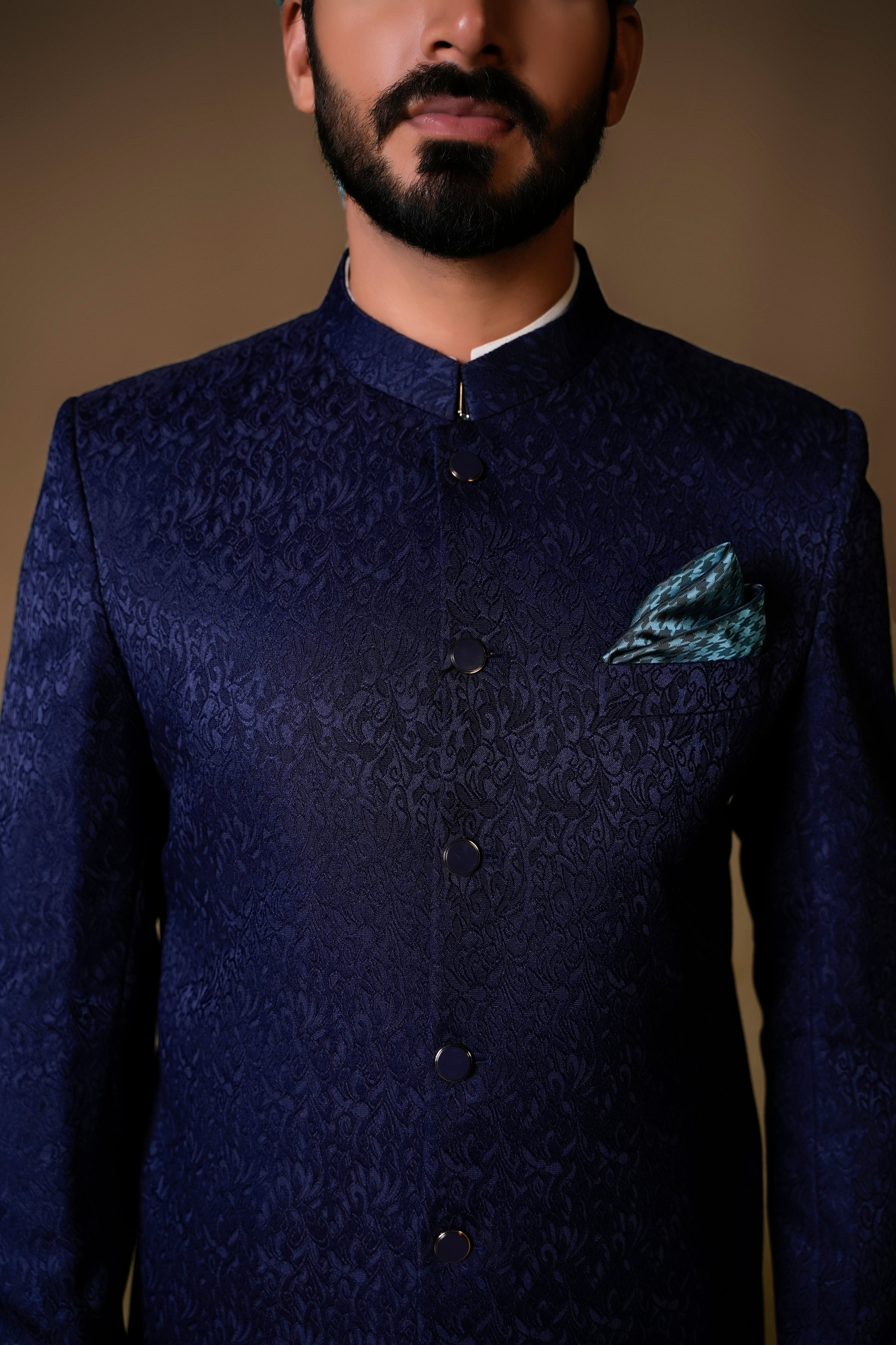 Navy Blue Jacquard Achkan Sherwani (2-Piece) - Image 3