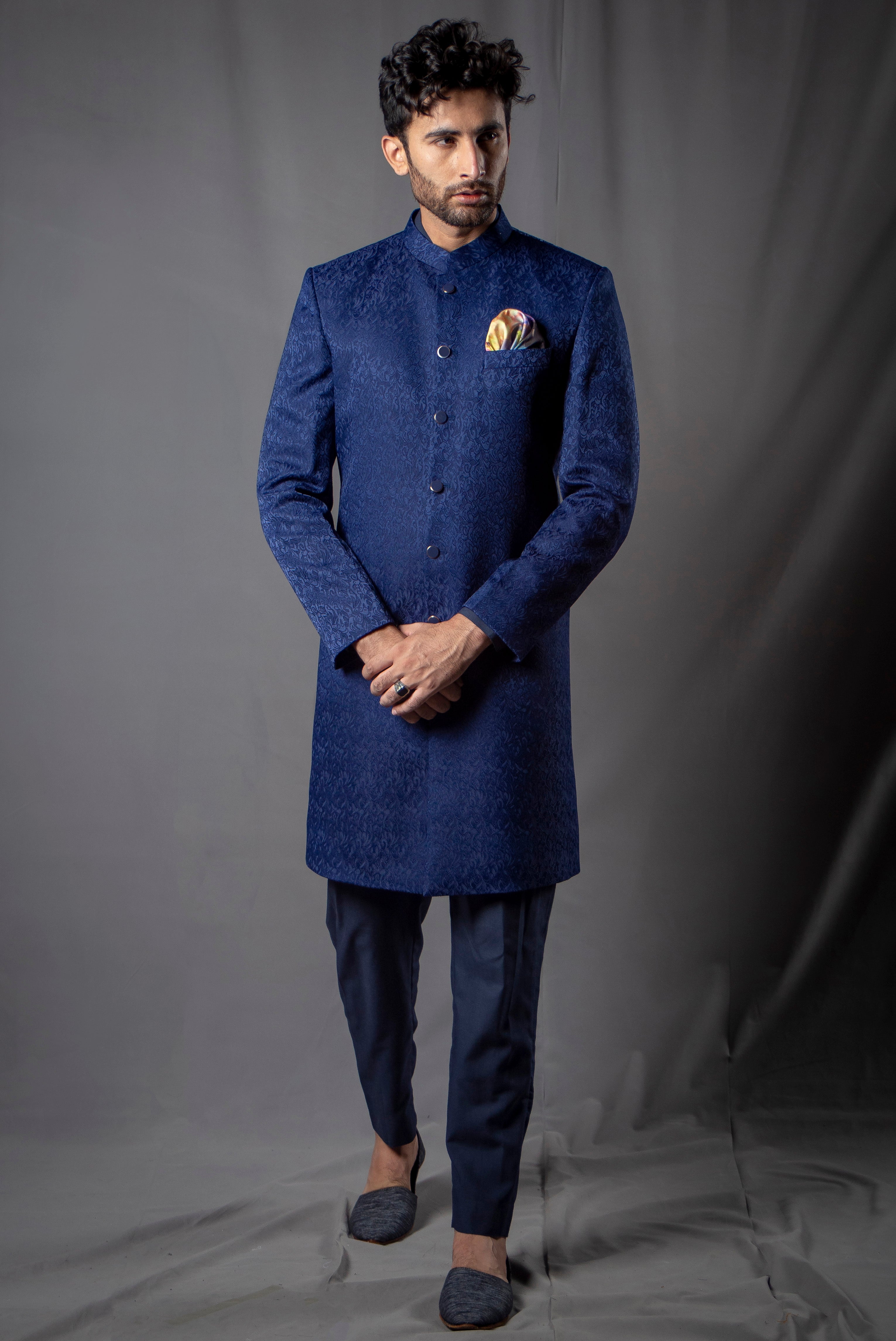 Navy Blue Jacquard Achkan Sherwani (2-Piece) - Image 5