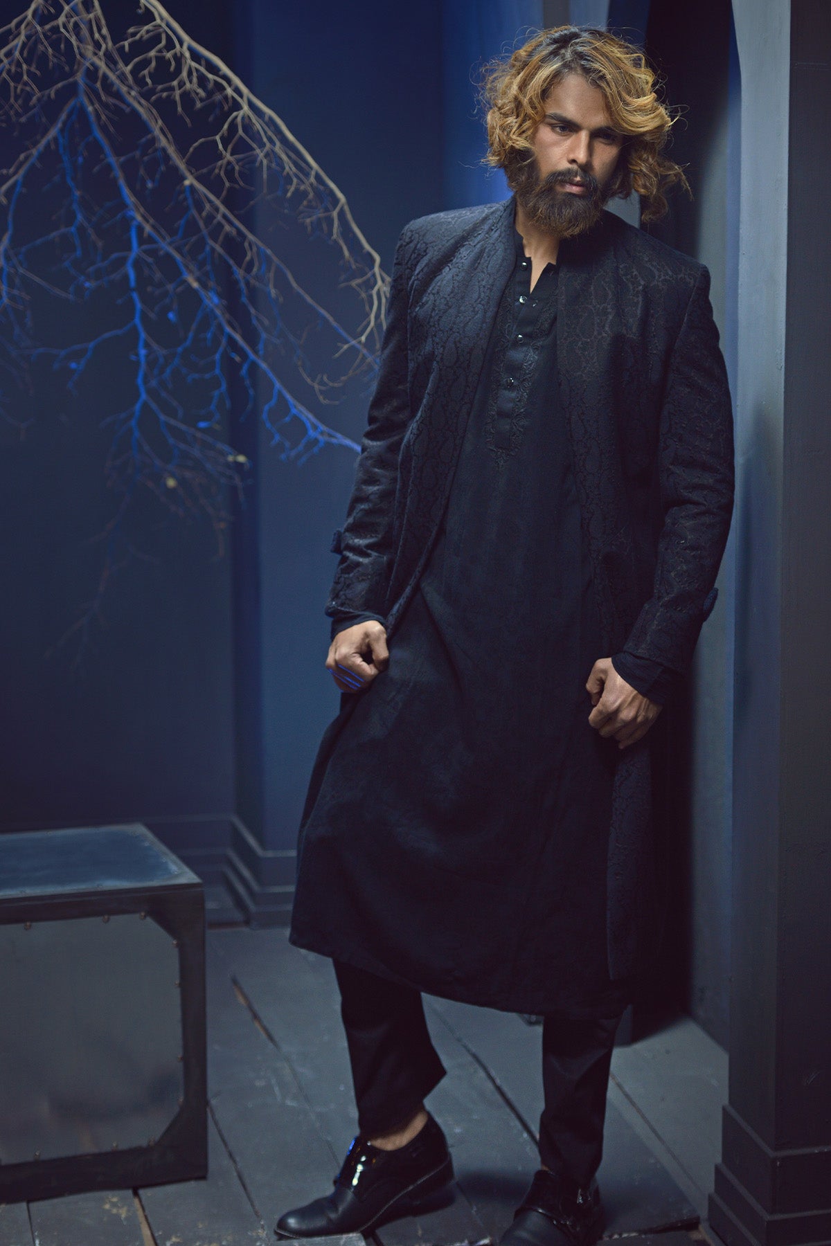 Deep Navy Jacquard Achkan Sherwani (3-Piece) - Image 1
