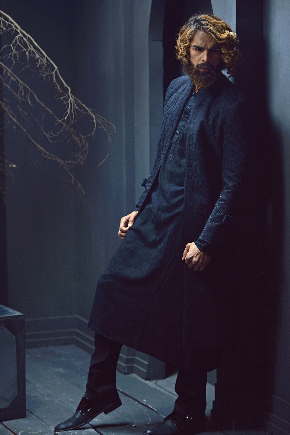 Deep Navy Jacquard Achkan Sherwani (3-Piece) - Image 2