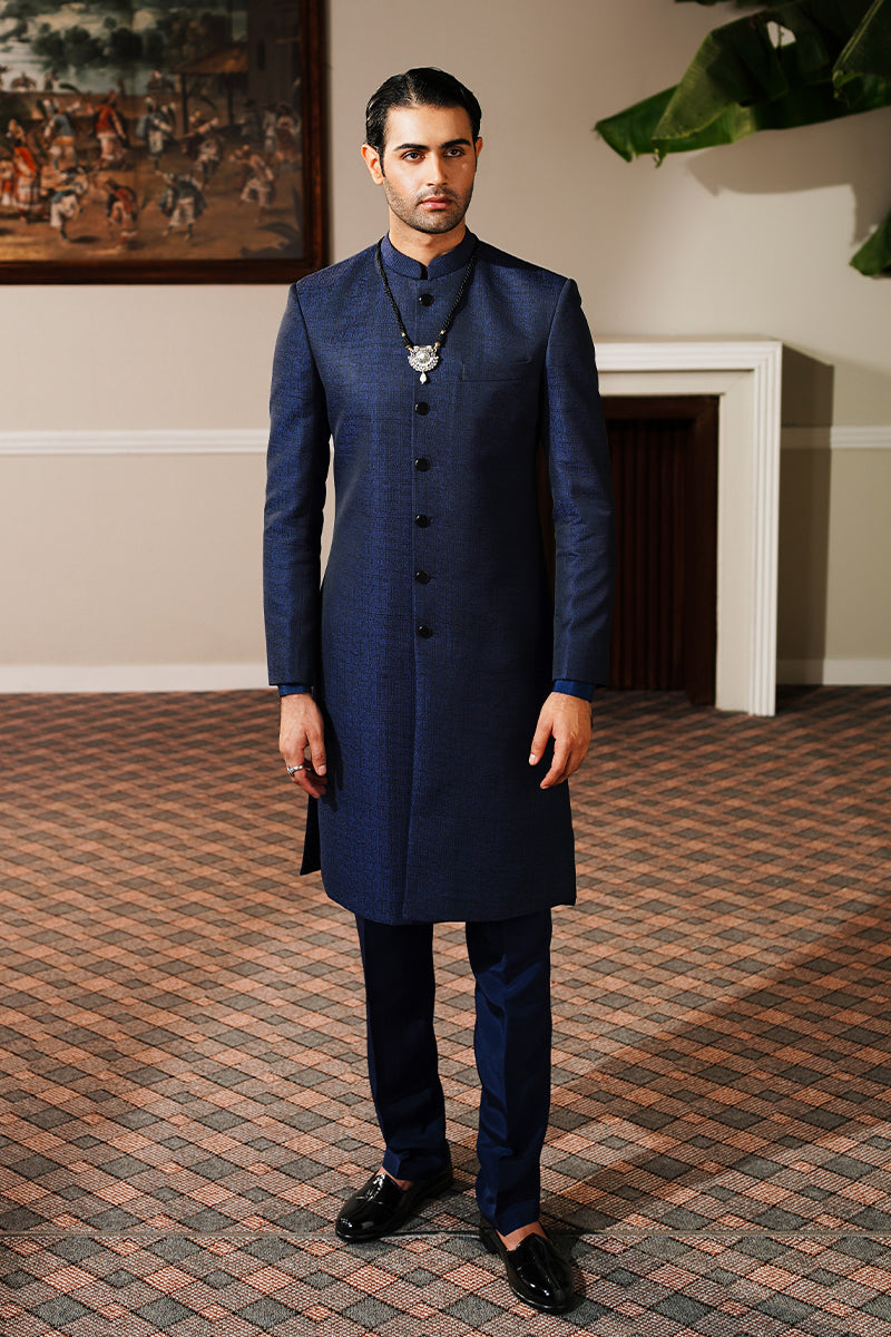 Navy Blue Jacquard Achkan Sherwani (2-Piece) - Image 2
