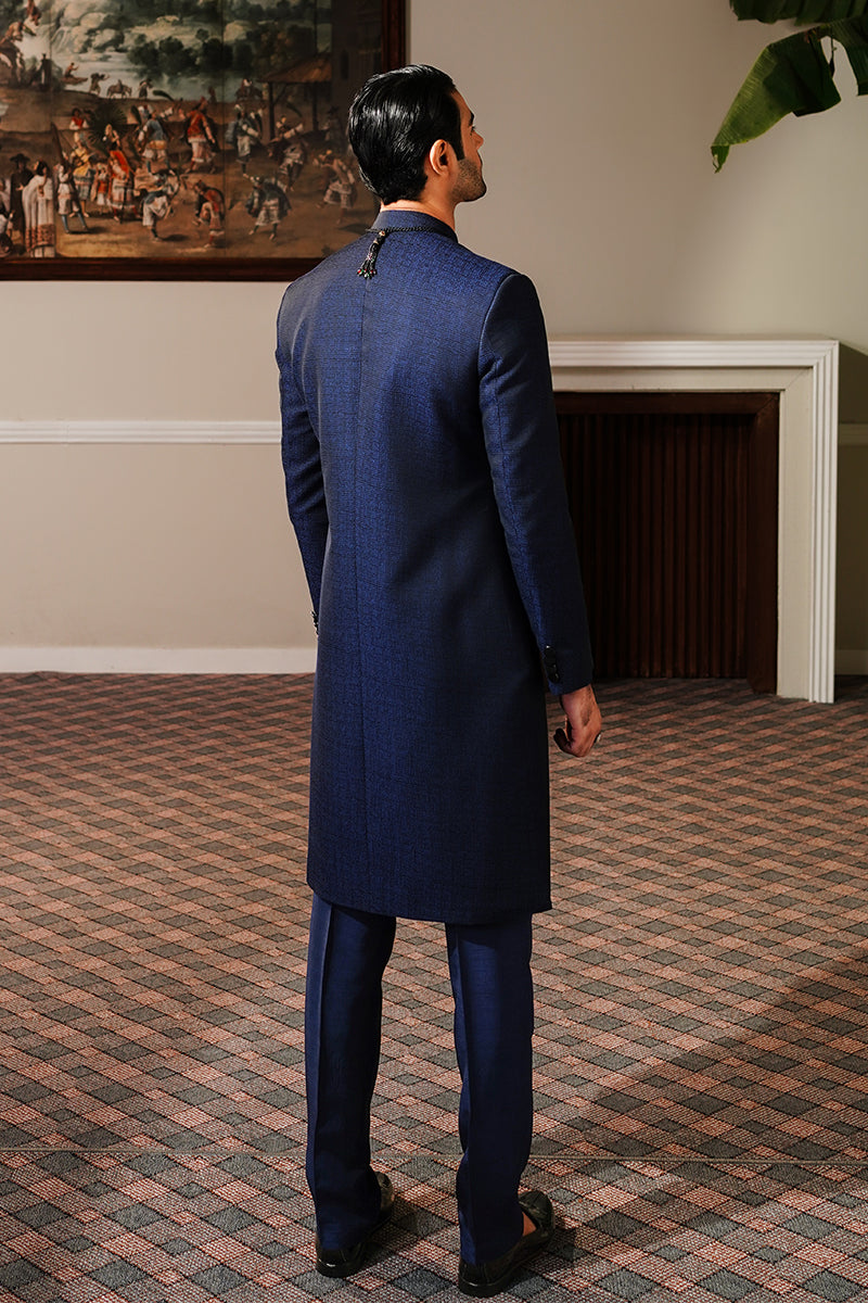 Navy Blue Jacquard Achkan Sherwani (2-Piece) - Image 4