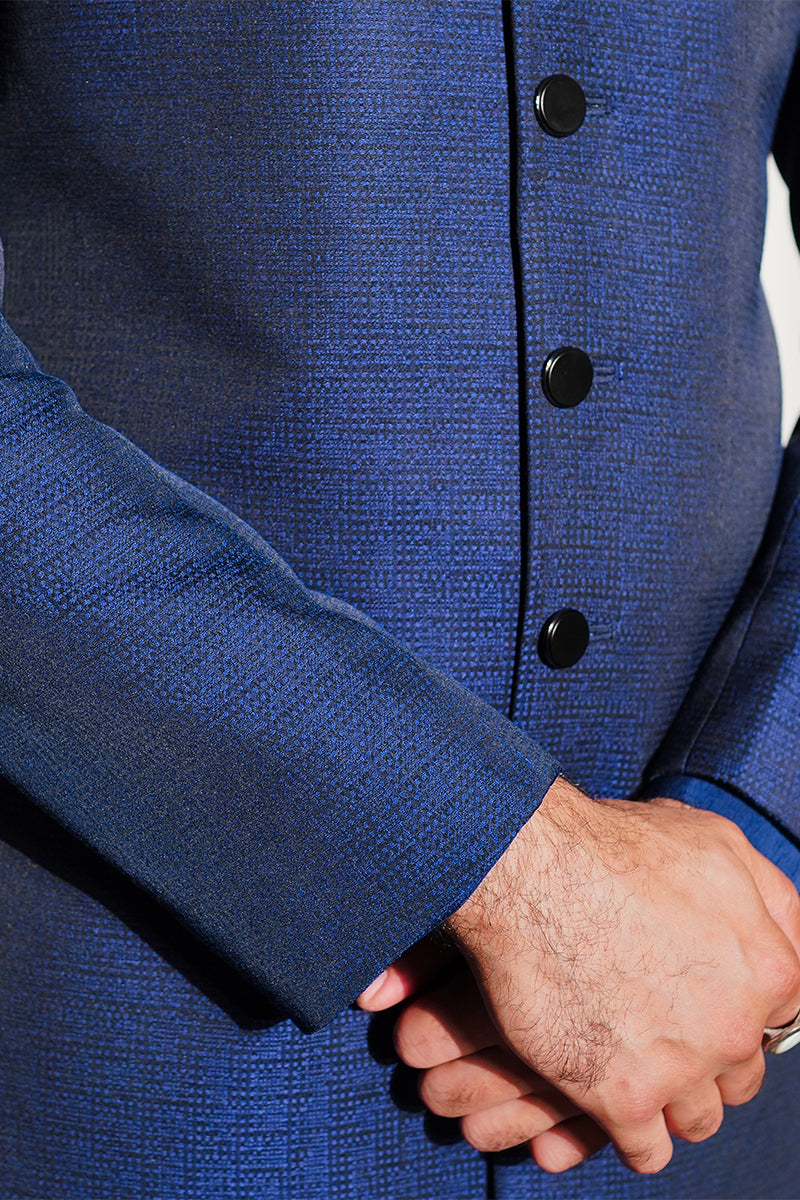 Navy Blue Jacquard Achkan Sherwani (2-Piece) - Image 5
