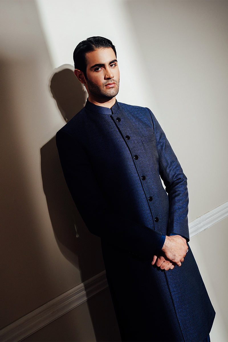 Navy Blue Jacquard Achkan Sherwani (2-Piece) - Image 8