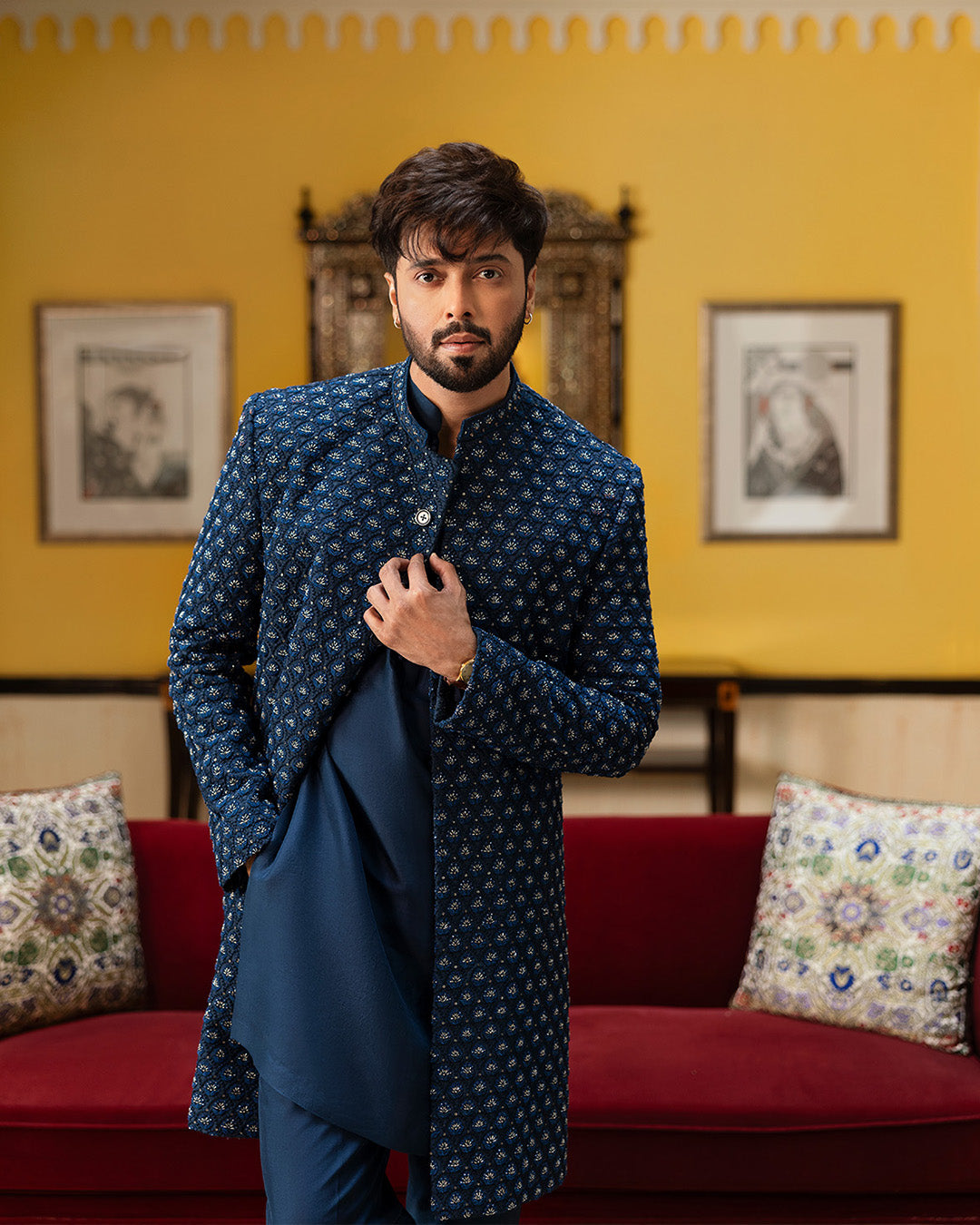 Navy Blue Embroidered Karandi Achkan Sherwani (3-Piece) - Image 2