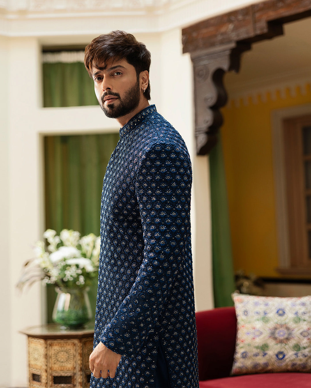 Navy Blue Embroidered Karandi Achkan Sherwani (3-Piece) - Image 7