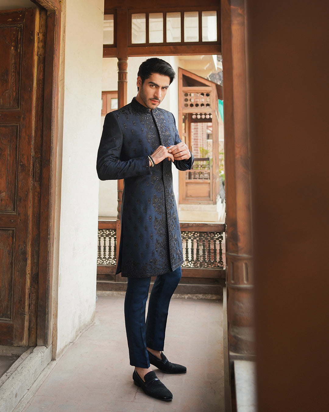 Navy Blue Embroidered Korean Raw Silk Sherwani (3-Piece) - Image 1