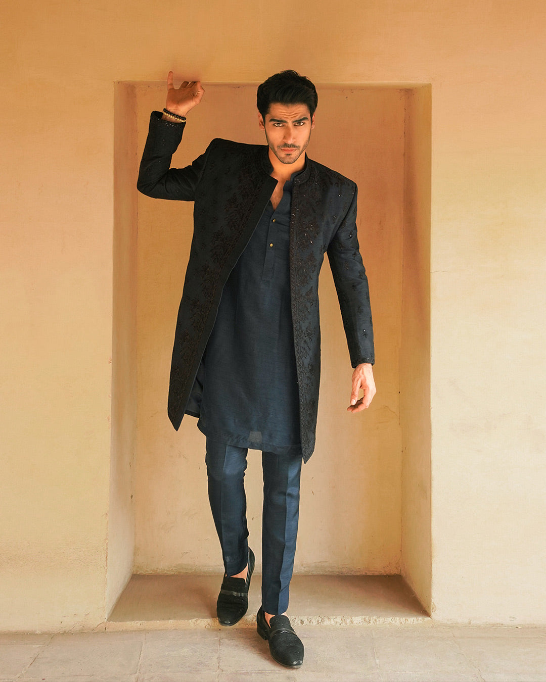 Navy Blue Embroidered Korean Raw Silk Sherwani (3-Piece) - Image 3