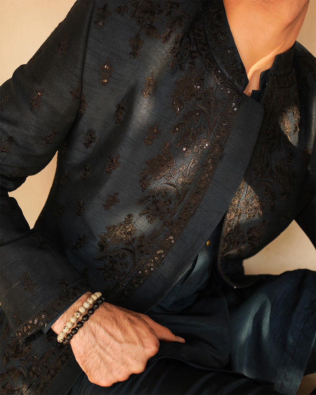 Navy Blue Embroidered Korean Raw Silk Sherwani (3-Piece) - Image 6