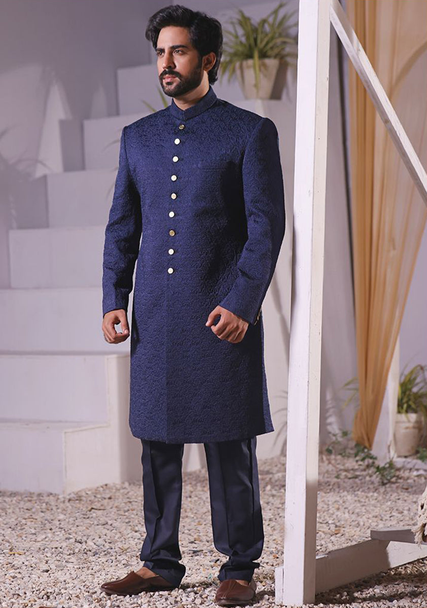 Navy Embroidered Satin Achkan Sherwani (3-Piece) - Image 1