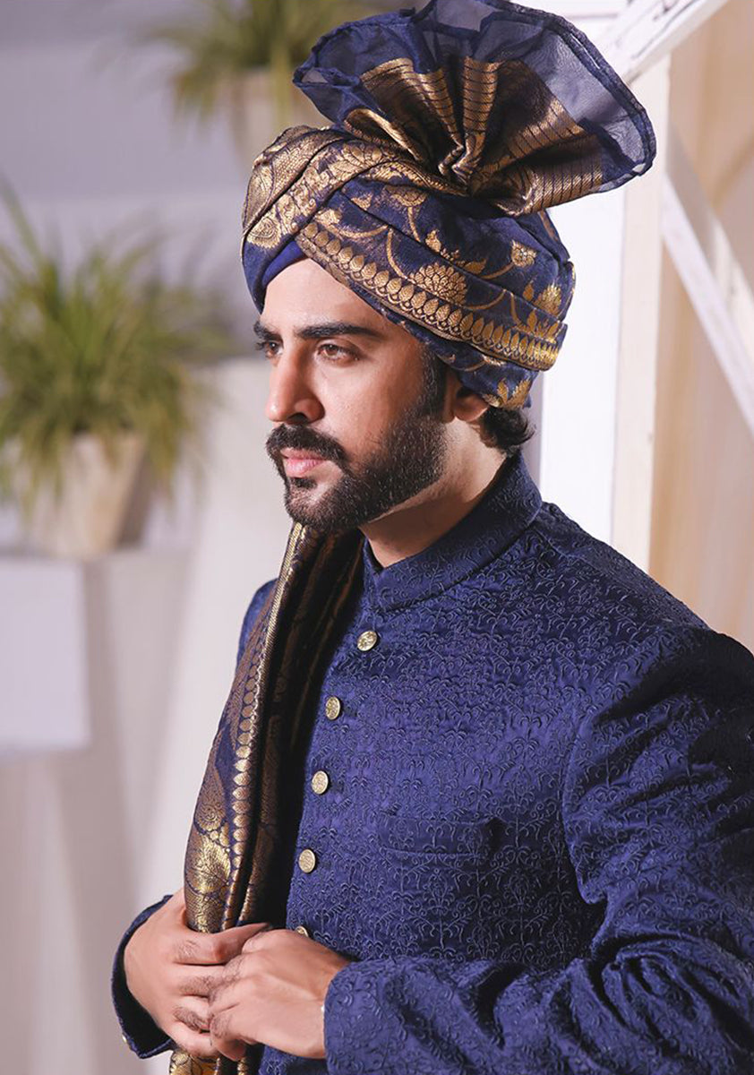Navy Embroidered Satin Achkan Sherwani (3-Piece) - Image 2