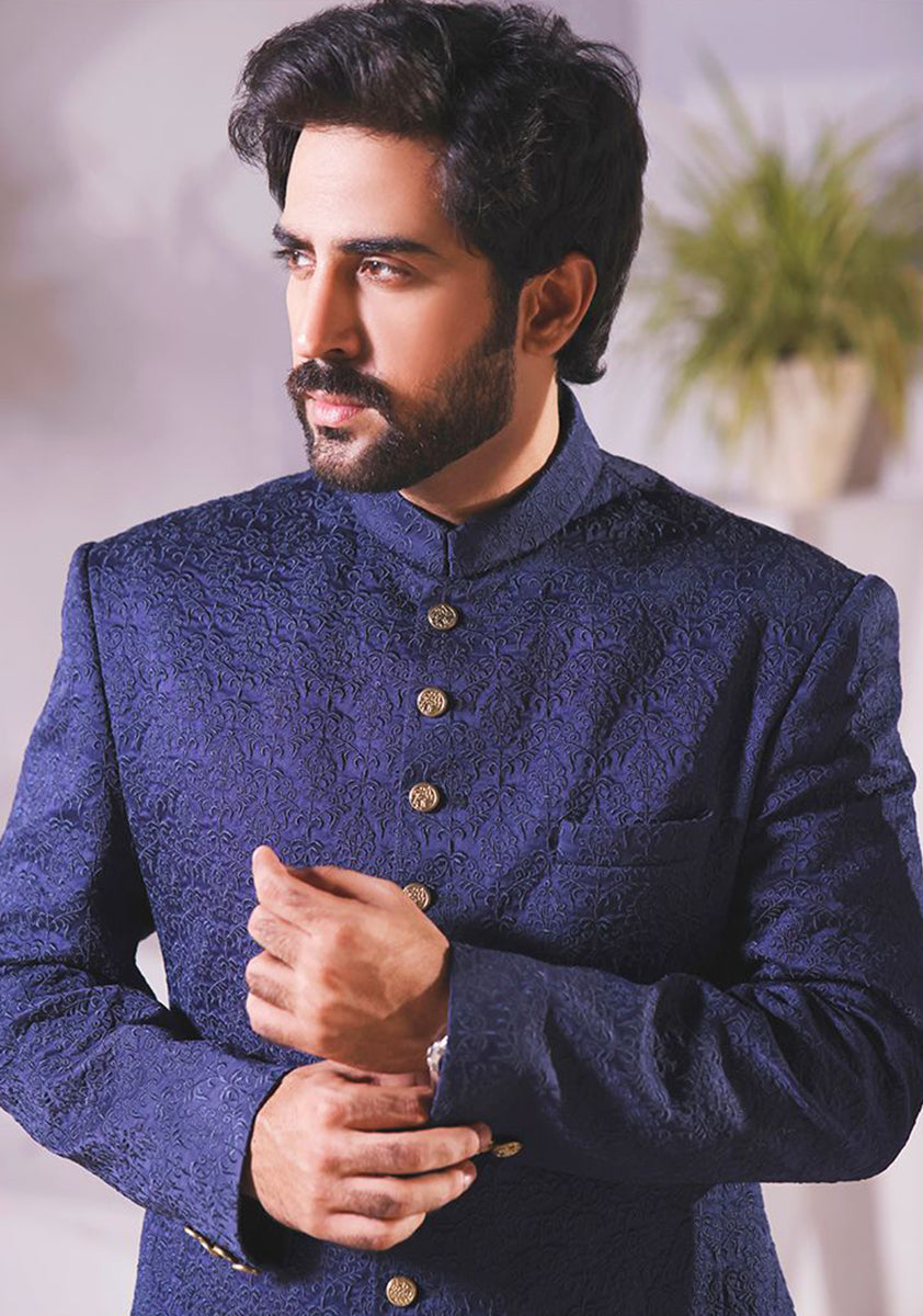 Navy Embroidered Satin Achkan Sherwani (3-Piece) - Image 4