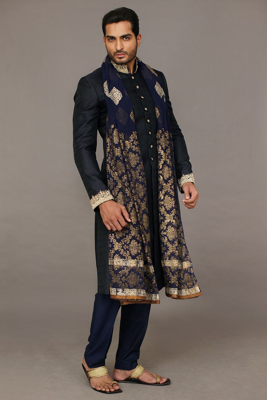Navy Blue Kora Dabka Embroidered Silk-Blend Sherwani (3-Piece) - Image 1