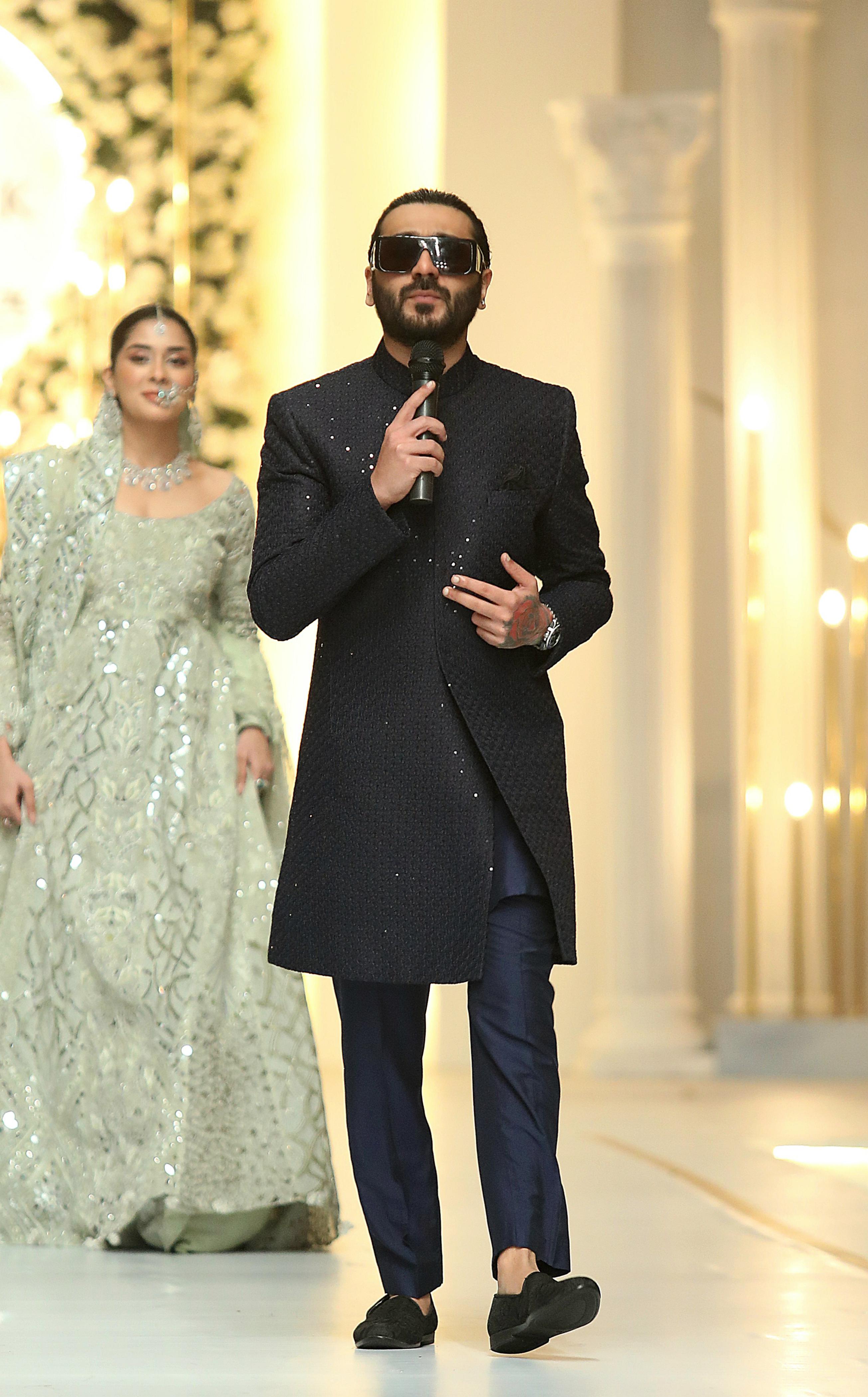 Navy Blue Sequin Silk-Blend Sherwani (2-Piece) - Image 3