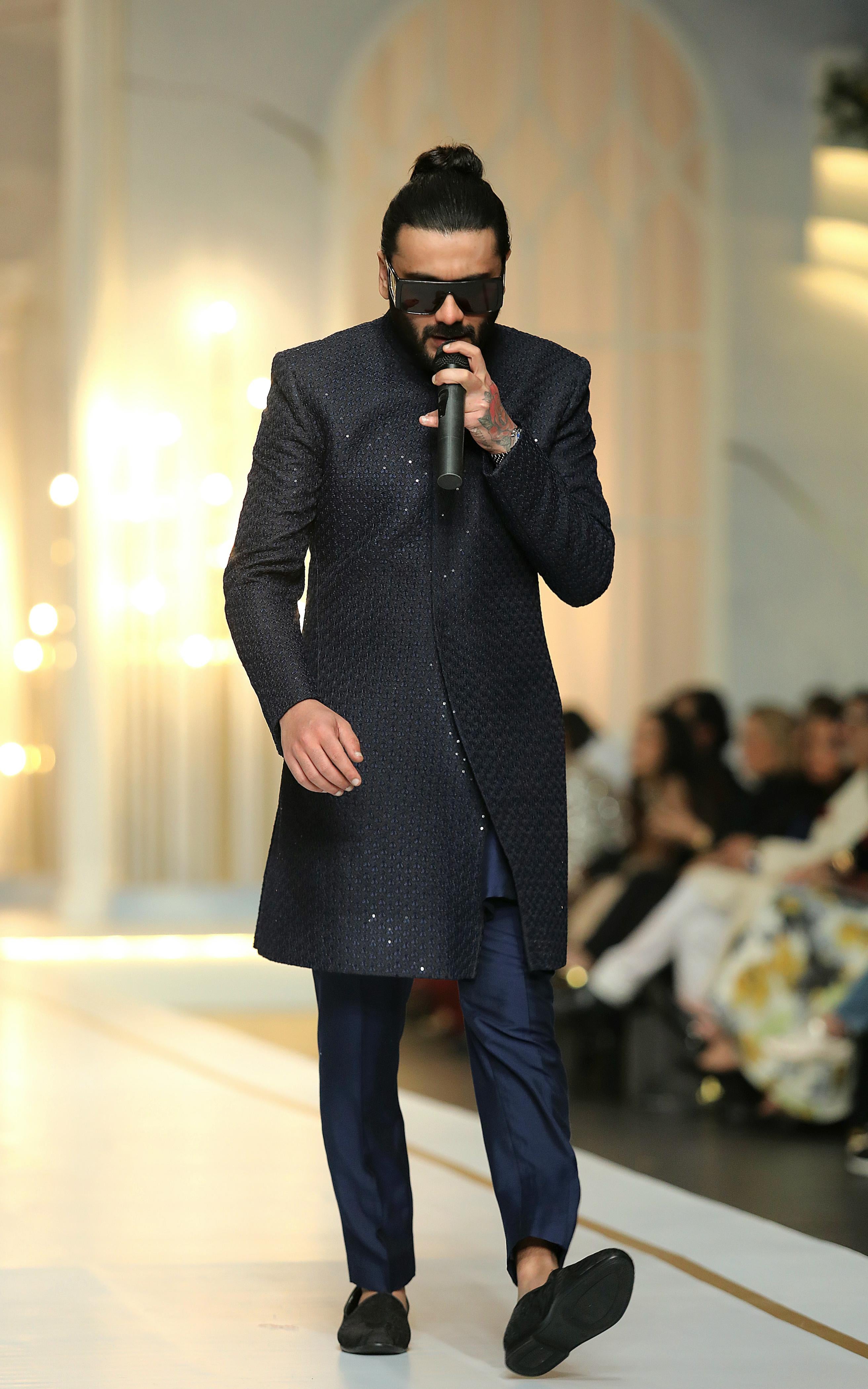 Navy Blue Sequin Silk-Blend Sherwani (2-Piece) - Image 4