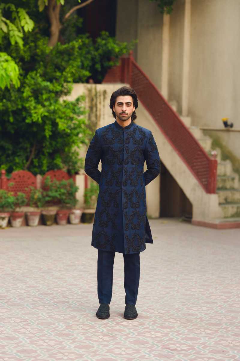 Navy Blue Embroidered Silk-Blend Sherwani (2-Piece) - Image 1