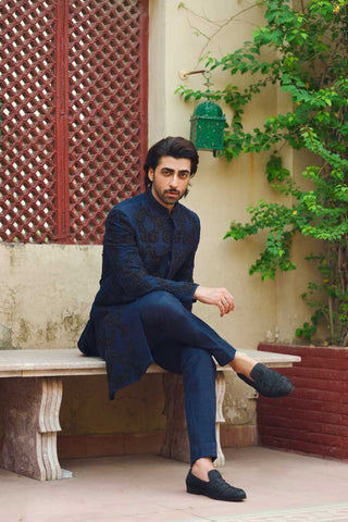 Navy Blue Embroidered Silk-Blend Sherwani (2-Piece) - Image 2
