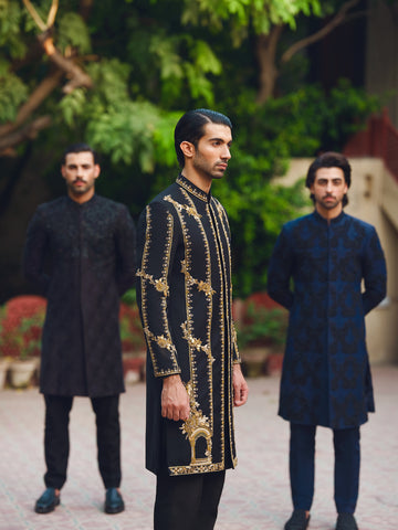 Navy Blue Embroidered Silk-Blend Sherwani (2-Piece) - Image 4
