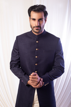 Navy Blue Silk Achkan Sherwani (2-Piece) - Image 1