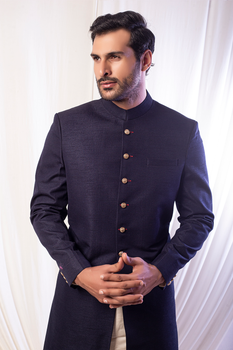 Navy Blue Silk Achkan Sherwani (2-Piece) - Image 2