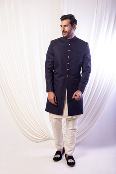 Navy Blue Silk Achkan Sherwani (2-Piece) - Image 3
