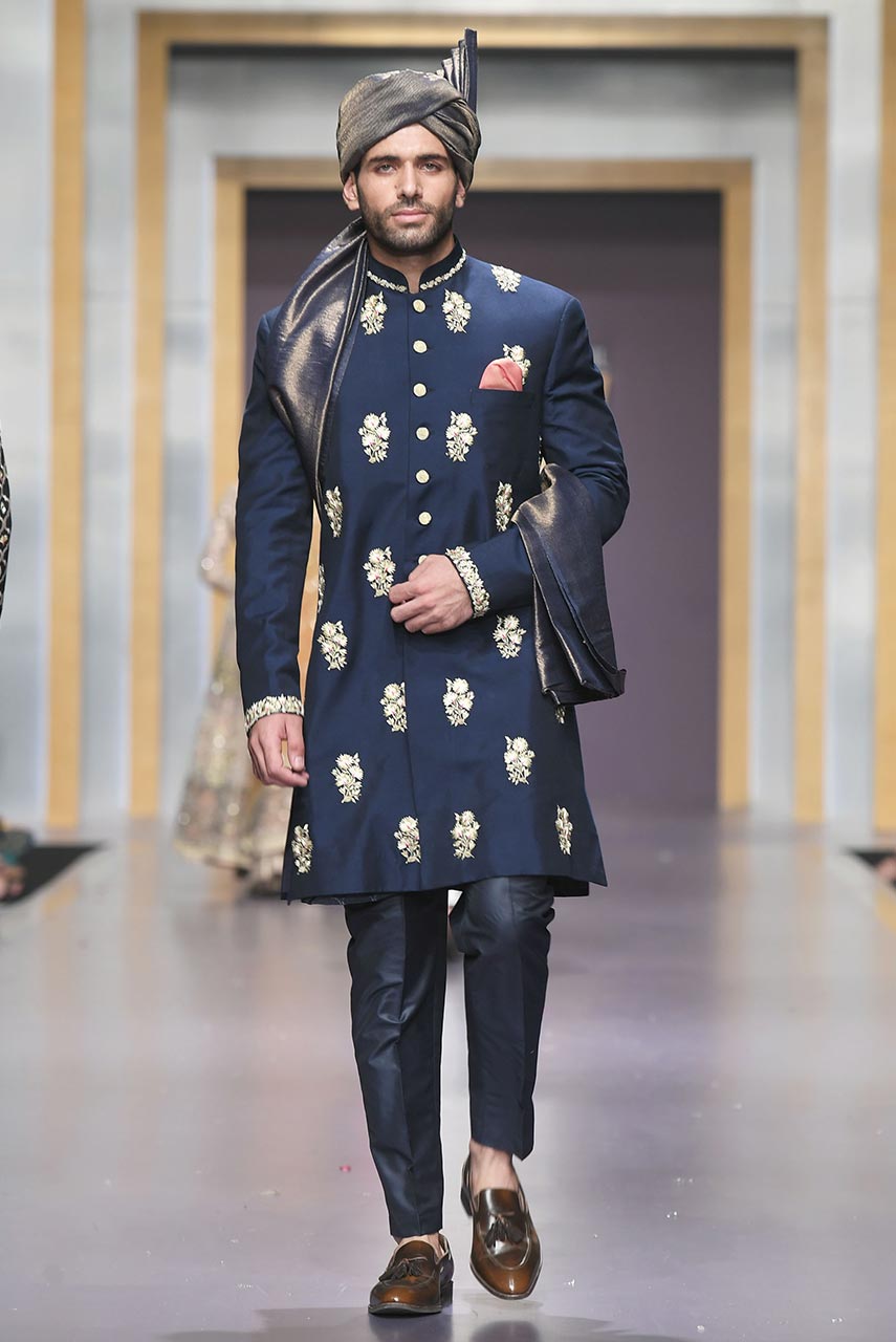 Navy Blue Gold Embroidered Suiting Sherwani (3-Piece) - Image 1