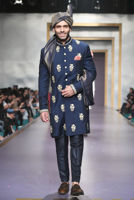 Navy Blue Gold Embroidered Suiting Sherwani (3-Piece) - Image 3