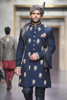 Navy Blue Gold Embroidered Suiting Sherwani (3-Piece) - Image 4