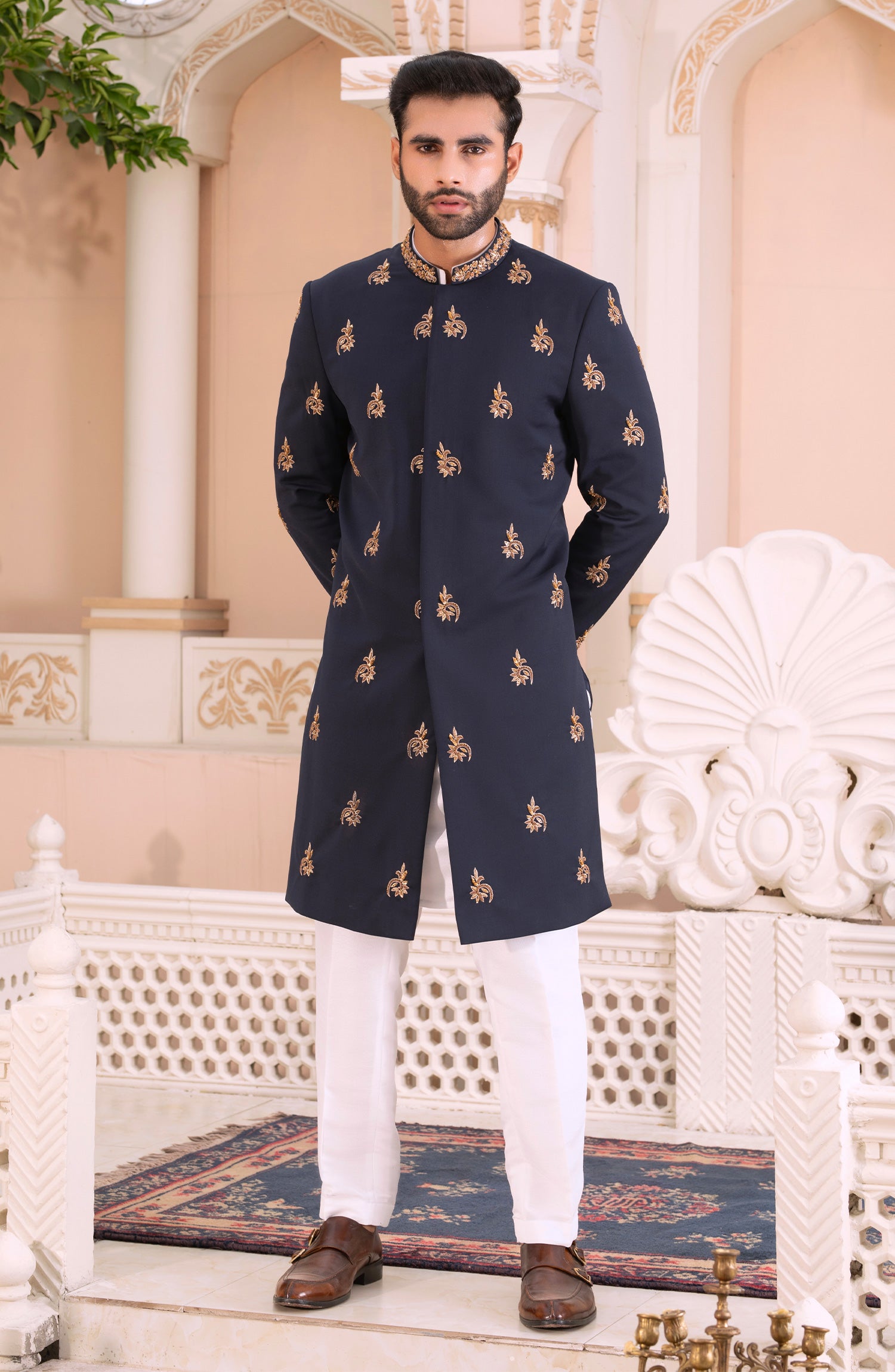Navy Blue Kora Dabka Suiting Sherwani (3-Piece) - Image 1