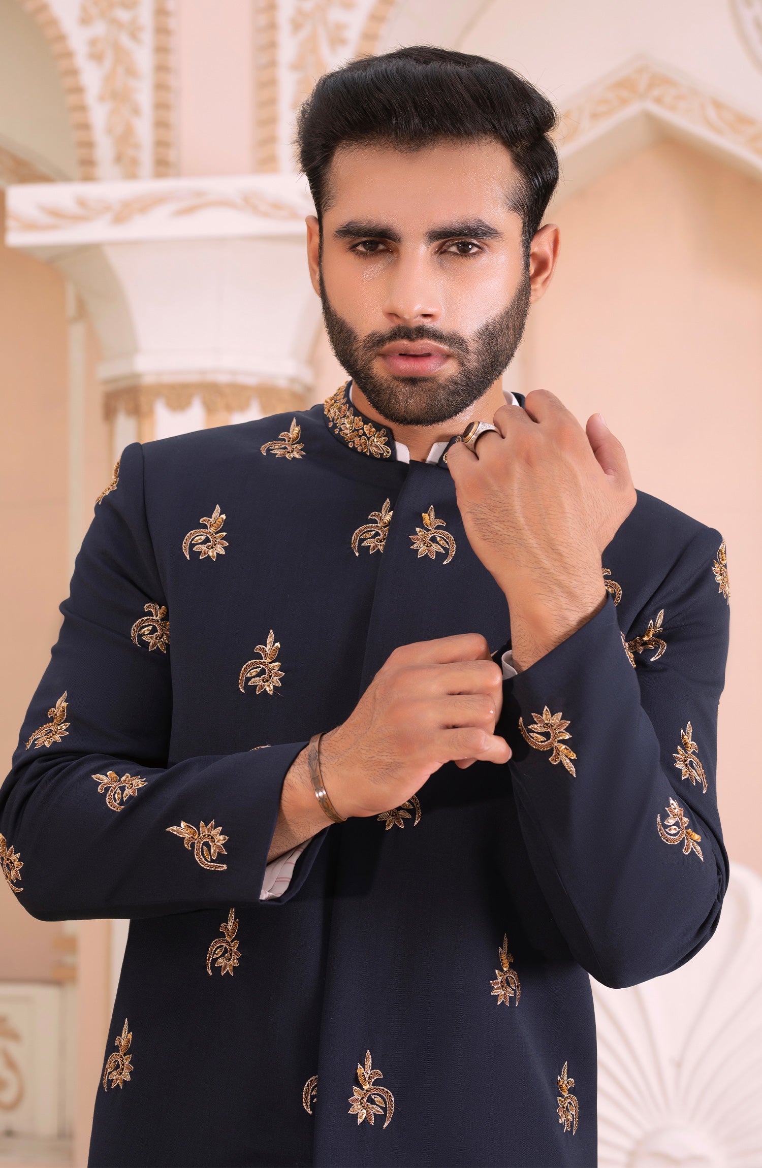 Navy Blue Kora Dabka Suiting Sherwani (3-Piece) - Image 2