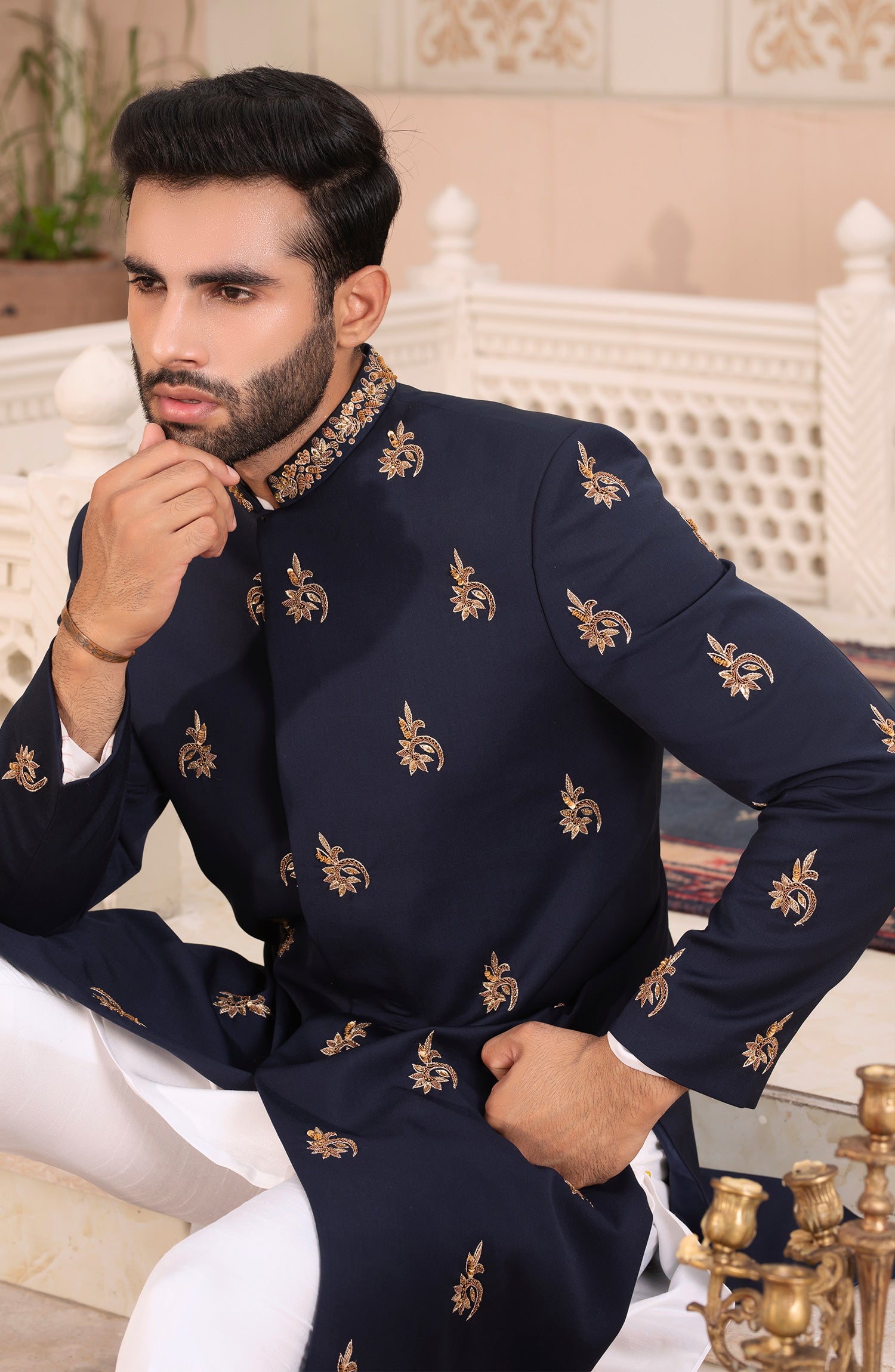 Navy Blue Kora Dabka Suiting Sherwani (3-Piece) - Image 3