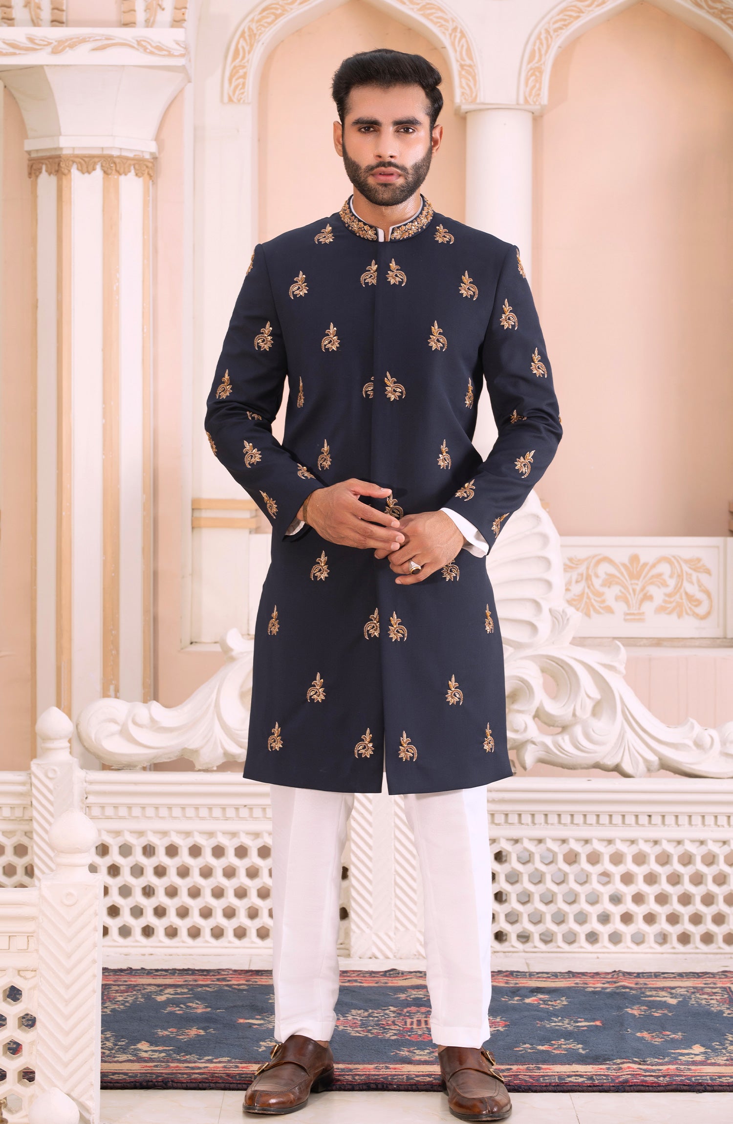 Navy Blue Kora Dabka Suiting Sherwani (3-Piece) - Image 4