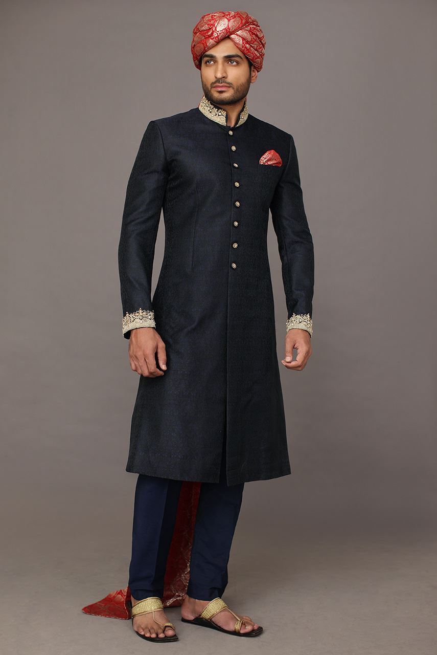 Navy Blue Kora Dabka Wool-Silk Sherwani (3-Piece) - Image 1