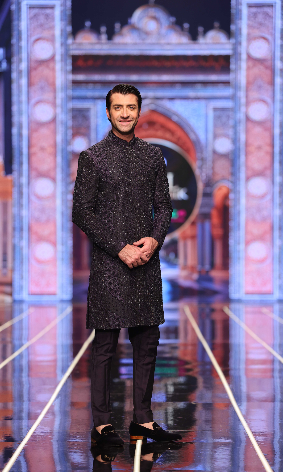 Navy Blue Hand-Embellished Silk-Blend Achkan (2-Piece) - Image 1