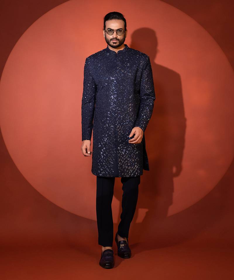 Navy Blue Cut Dana Viscose Achkan (2-Piece) - Image 1