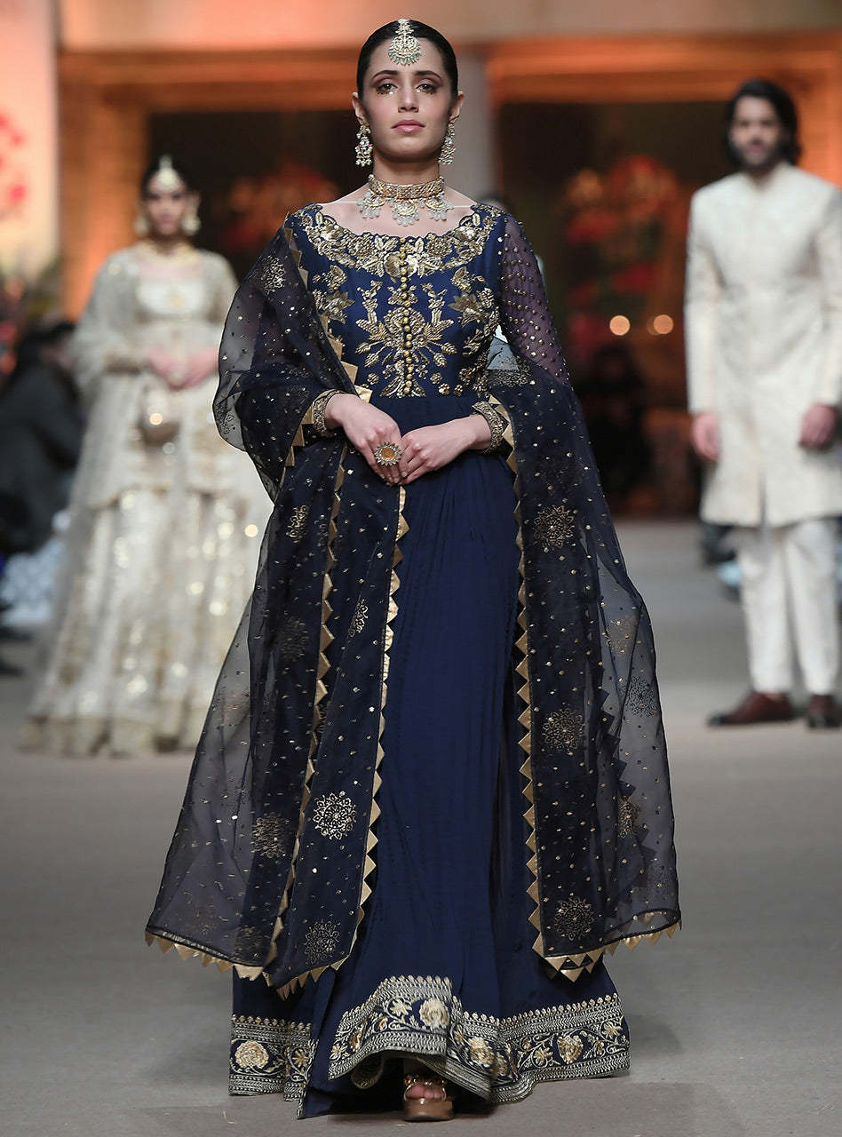 Pakistani Navy Blue Embroidered Chiffon Anarkali (2-Piece) - Image 1