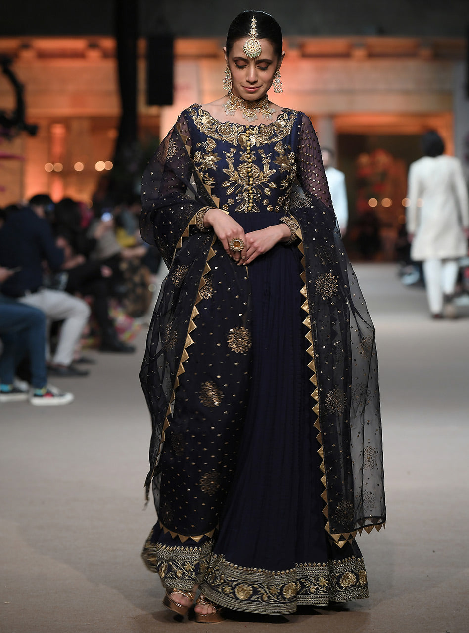 Pakistani Navy Blue Embroidered Chiffon Anarkali (2-Piece) - Image 2