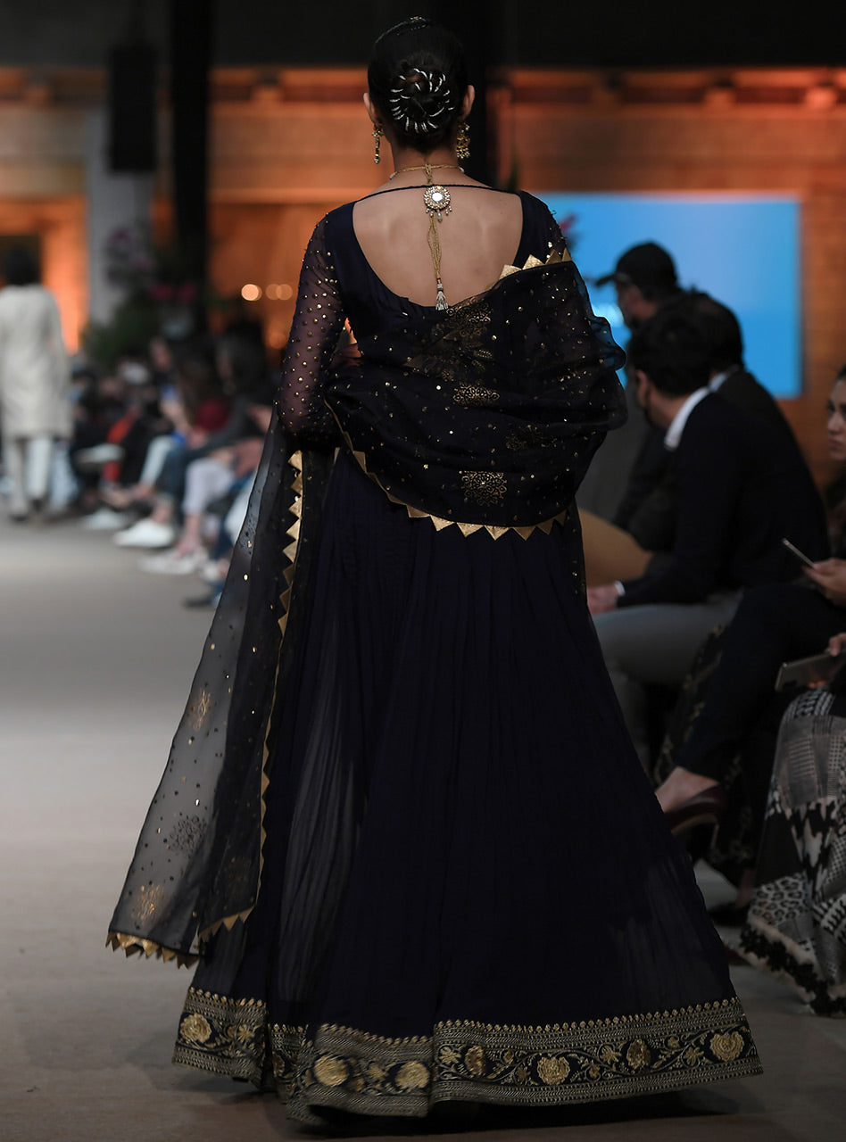 Pakistani Navy Blue Embroidered Chiffon Anarkali Dress (2-Piece) - Image 3