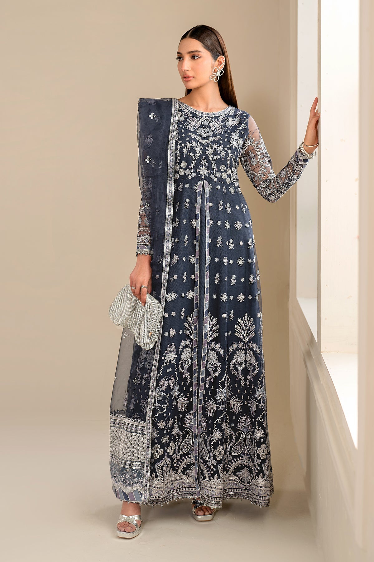 Pakistani Navy Embroidered Net Anarkali Dress (3-Piece) - Image 1