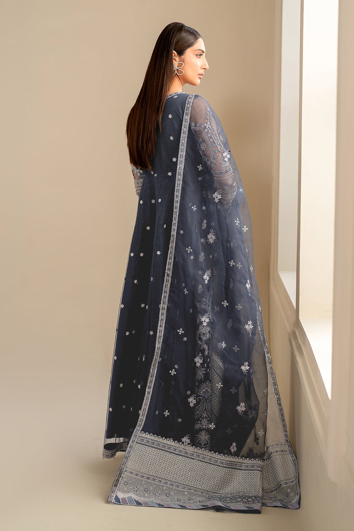 Pakistani Navy Embroidered Net Anarkali Dress (3-Piece) - Image 2