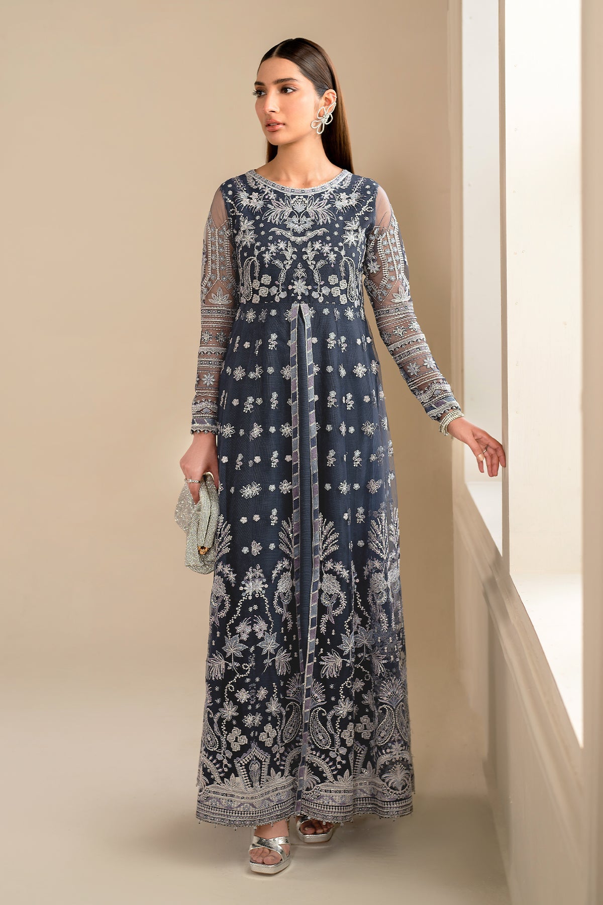 Pakistani Navy Embroidered Net Anarkali Dress (3-Piece) - Image 3