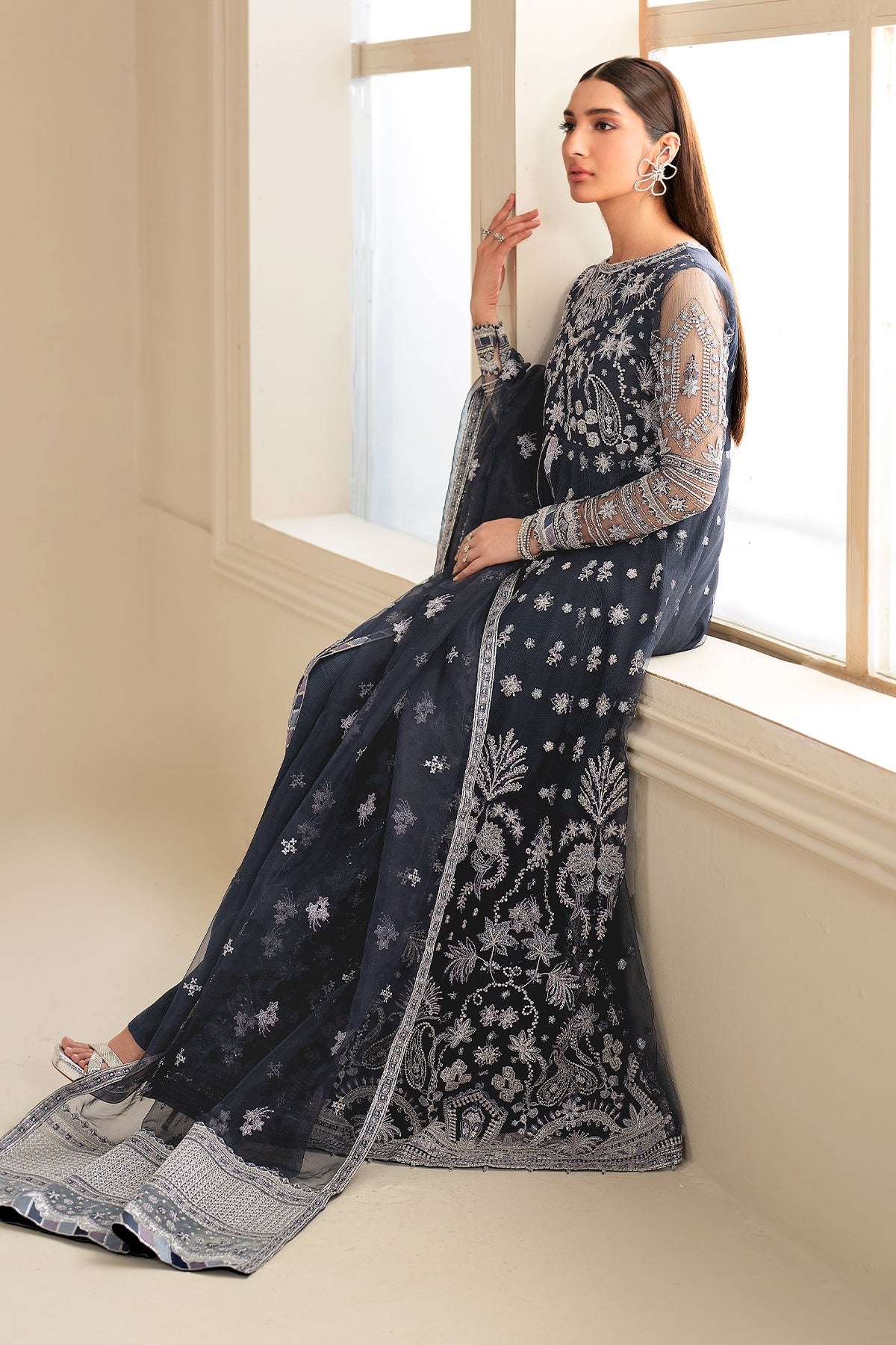 Pakistani Navy Embroidered Net Anarkali Dress (3-Piece) - Image 5