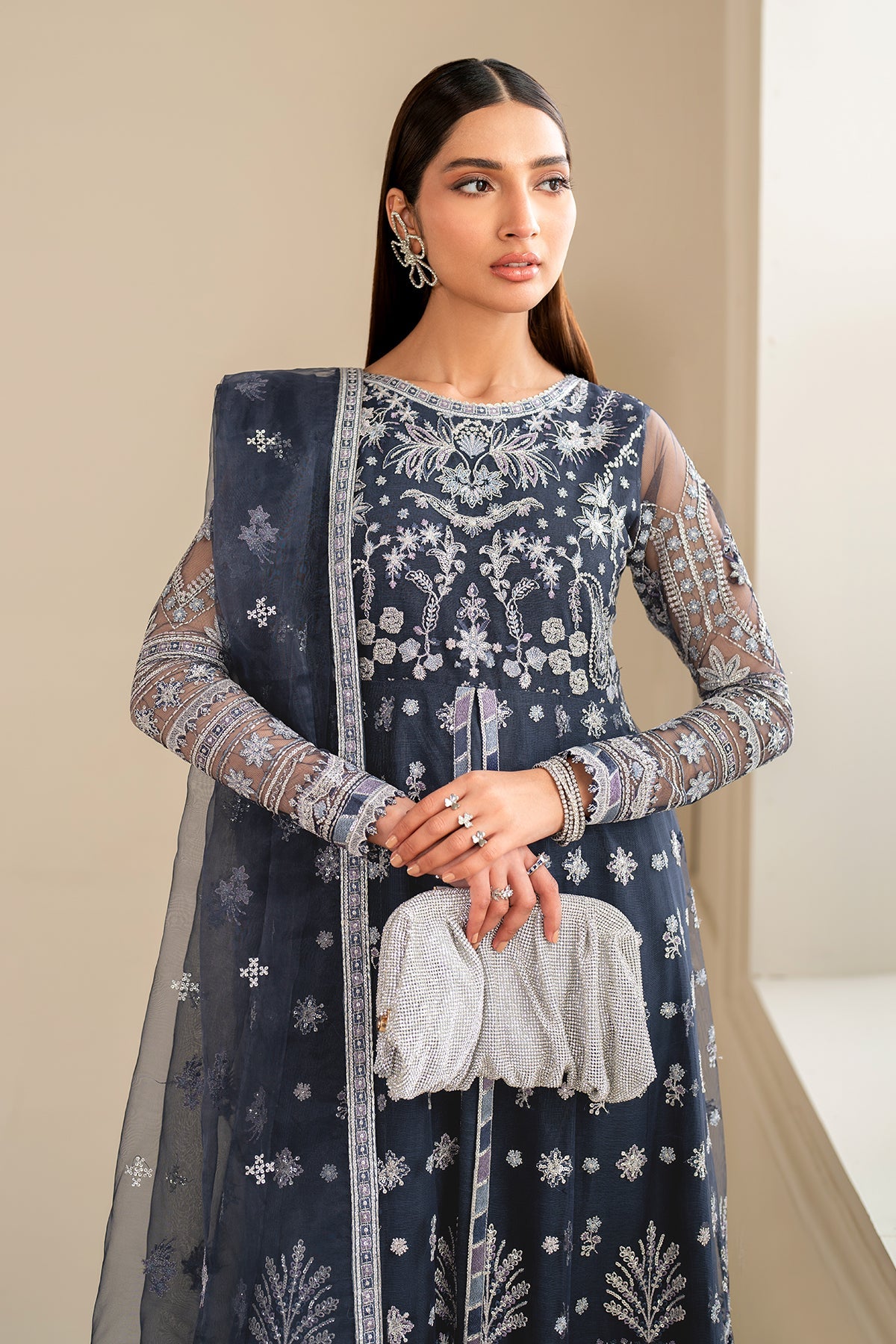 Pakistani Navy Embroidered Net Anarkali Dress (3-Piece) - Image 6