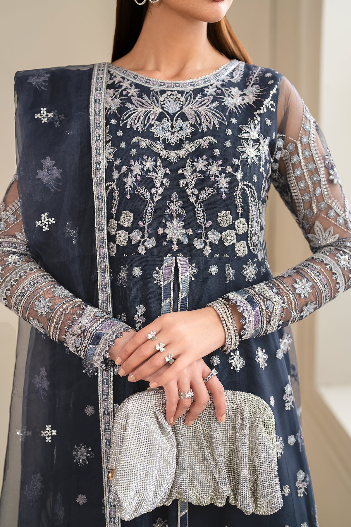 Pakistani Navy Embroidered Net Anarkali Dress (3-Piece) - Image 8